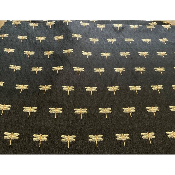 Vintage Embroidered Dragonflies Fabric Black Gold Brown 3.5 Yd - Picture 1 of 5